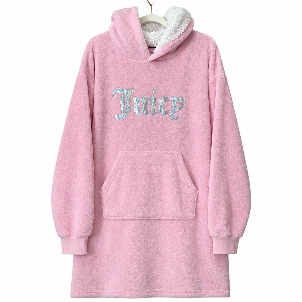 Juicy Couture Loungewear Dress S/M Pink Sherpa Rhinestone Logo Y2K Coquette Cozy